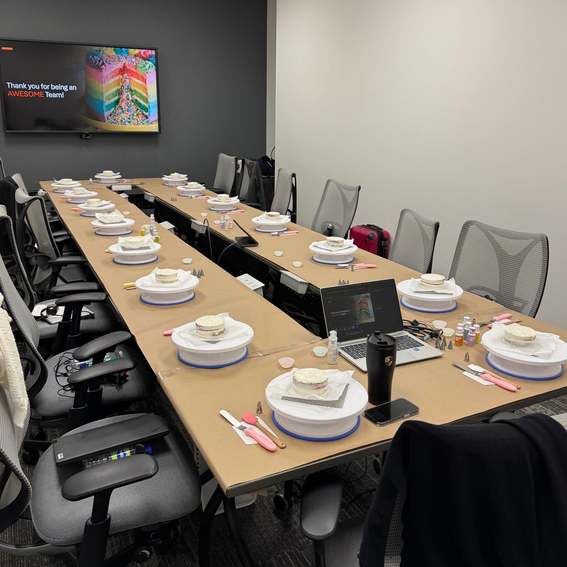 cake decorating class set up for a corporate team building event in Montreal