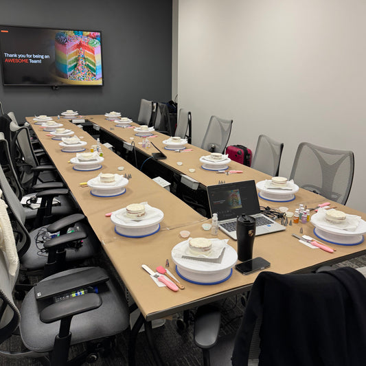 cake decorating class set up for a corporate team building event in Montreal