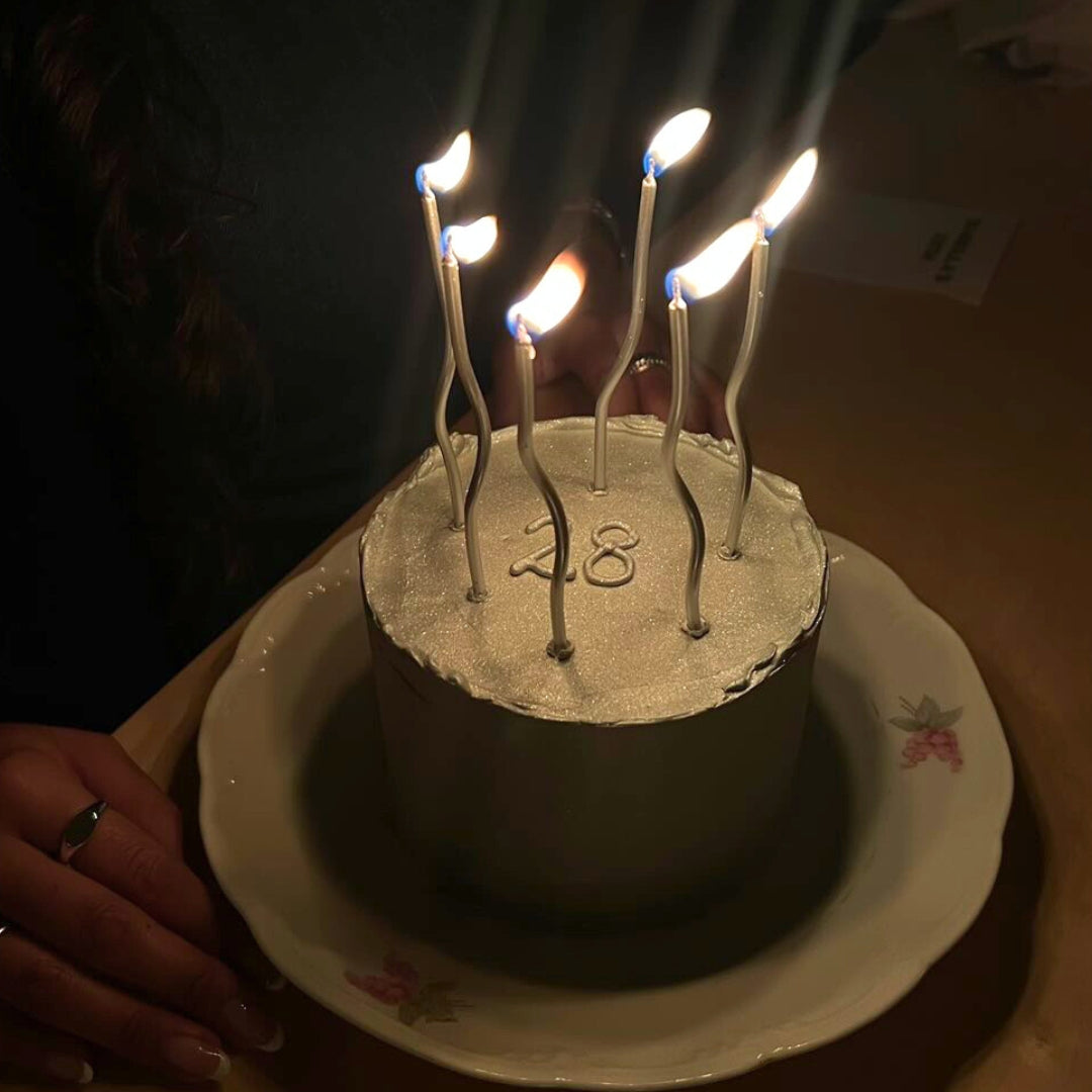 Single-tier cake with metallic silver frosting for a birthday in Montreal