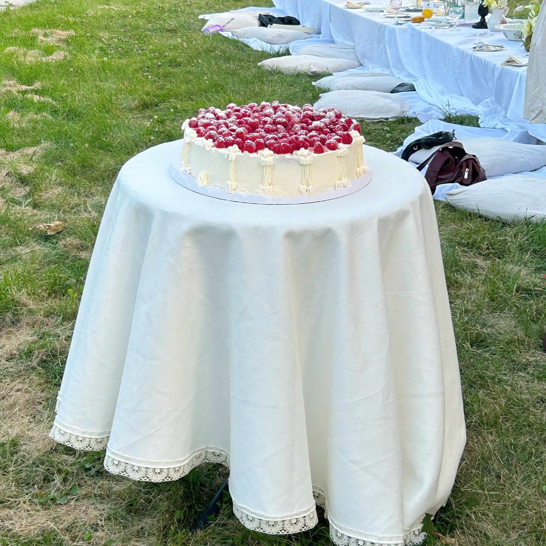 Italian style wedding cake with fresh raspberries on top at an outdoor ceremony in Montreal